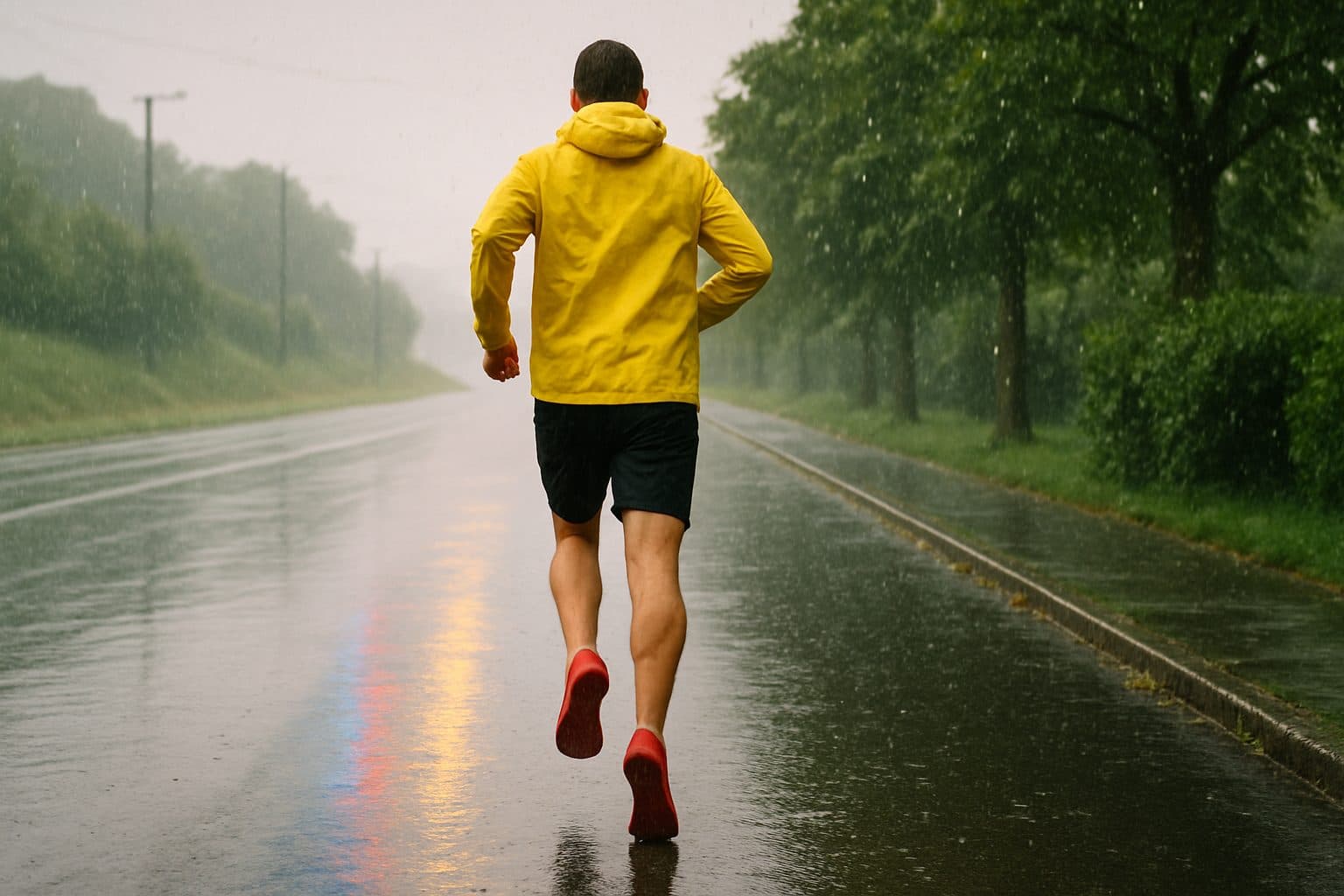 Un coureur en veste jaune qui court sous la pluie sur une route mouillée bordée d'arbres