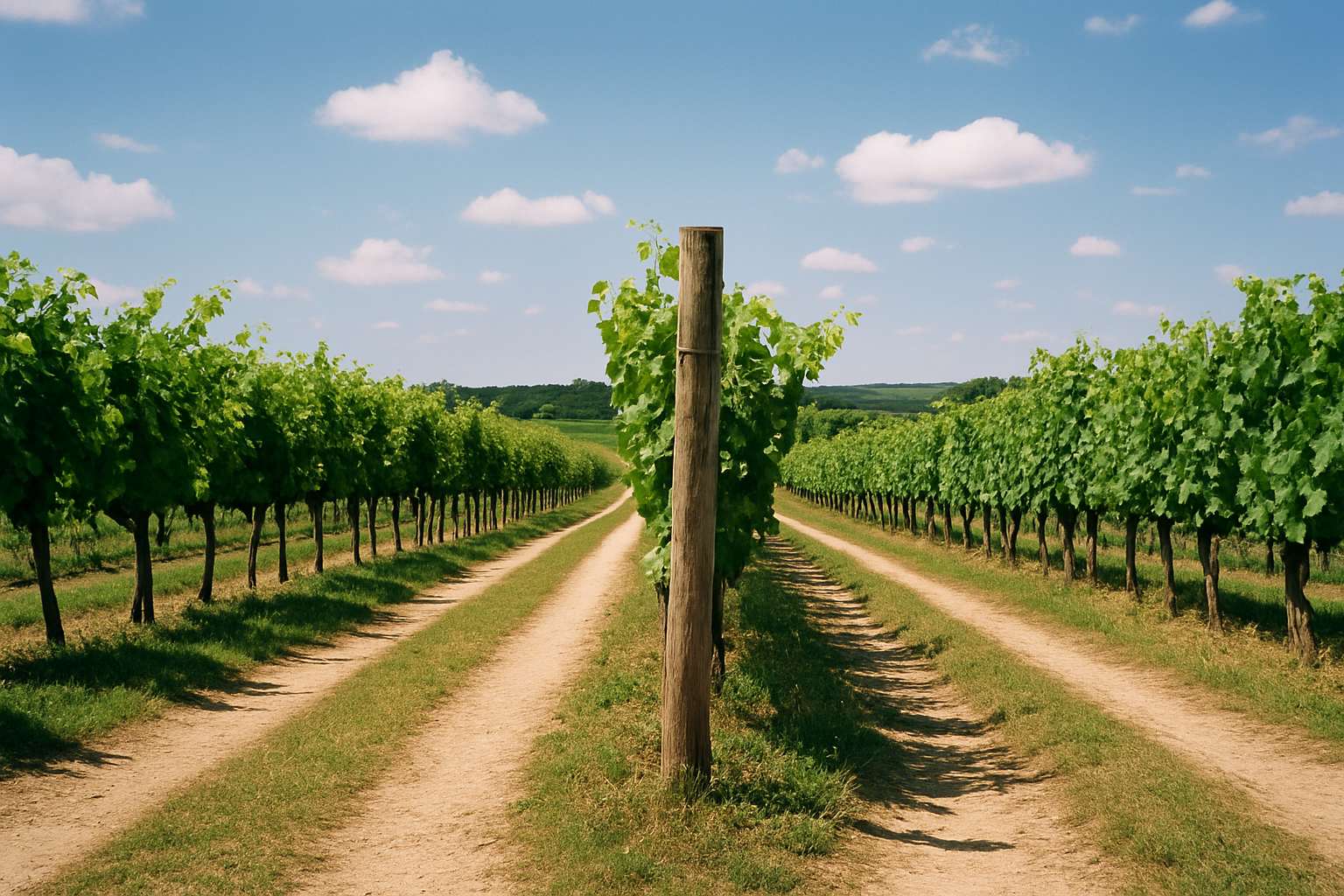 Deux chemins de terre qui s'écartent au milieu des vignes vertes, sous un ciel bleu