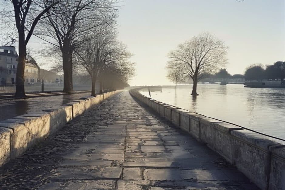 Une large promenade pavée bordée d'un parapet de pierre le long d'un fleuve calme, arbres nus et lumière basse de fin d'hiver