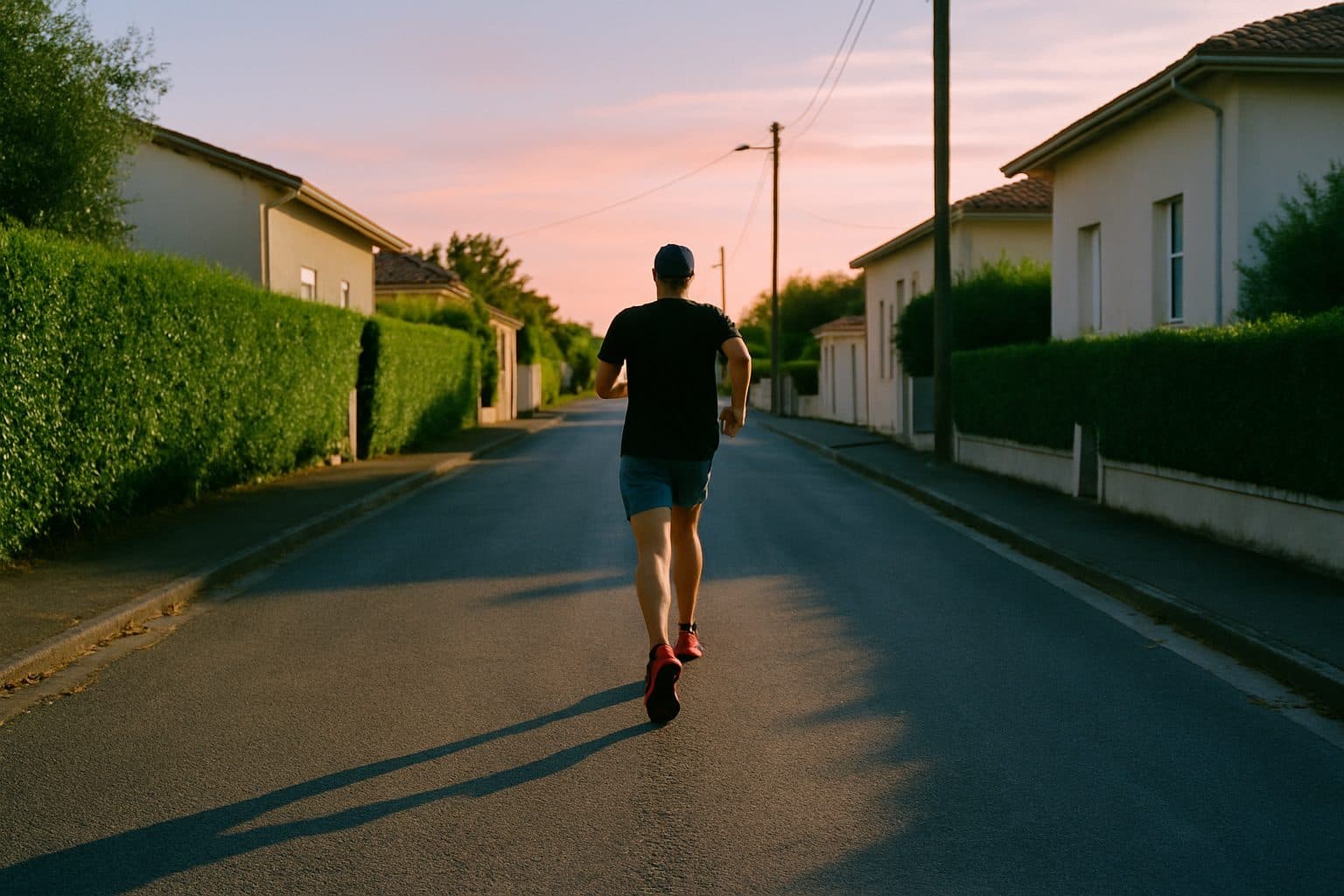 Un coureur de dos qui s'éloigne dans une rue résidentielle au lever du jour