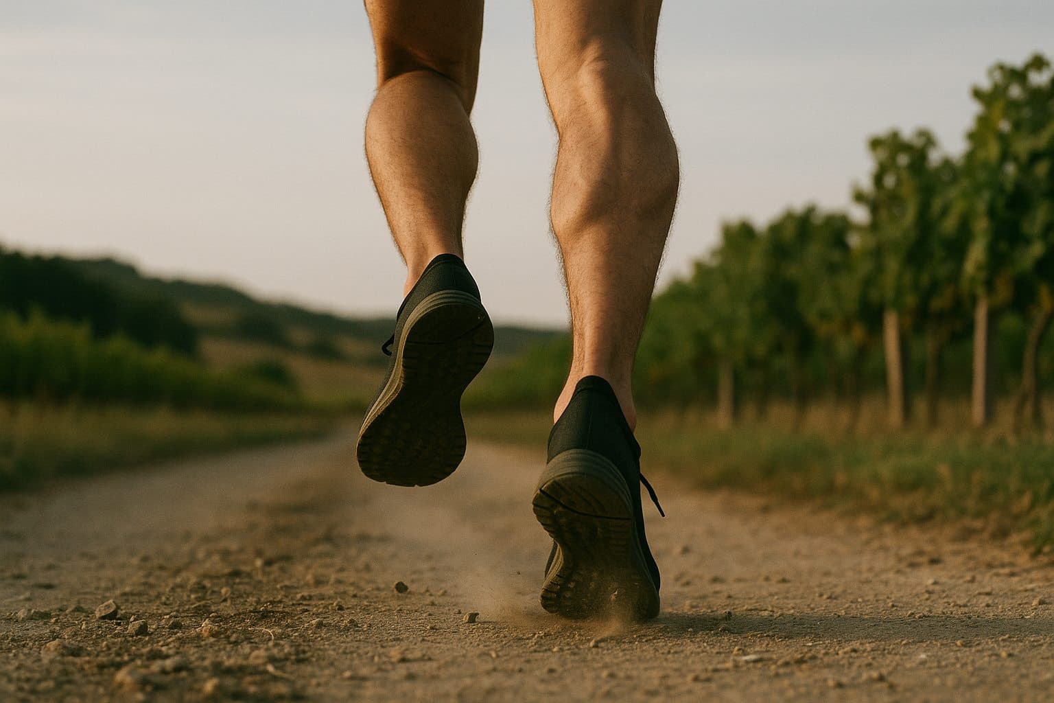 Les jambes d'un coureur en pleine foulée sur un chemin de gravier bordé de vignes, vues en contre-plongée au ras du sol