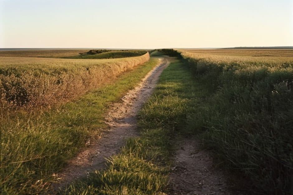 Un sentier de terre creusé par le passage répété, traversant un champ plat bordé d'une haie