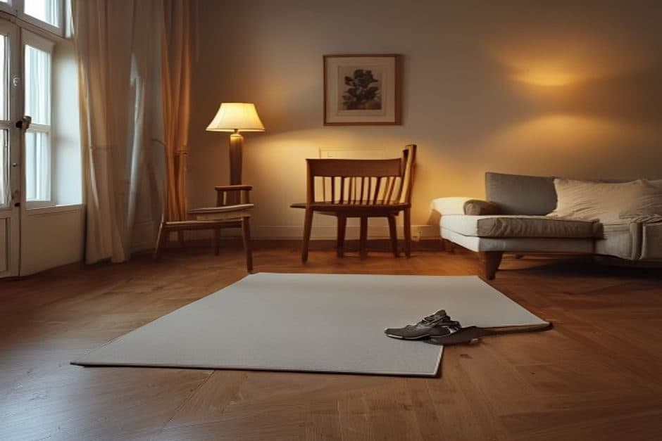 Un tapis de sol déroulé dans un salon le soir, une chaise en bois à côté, une paire de chaussures de course posée au bord du tapis