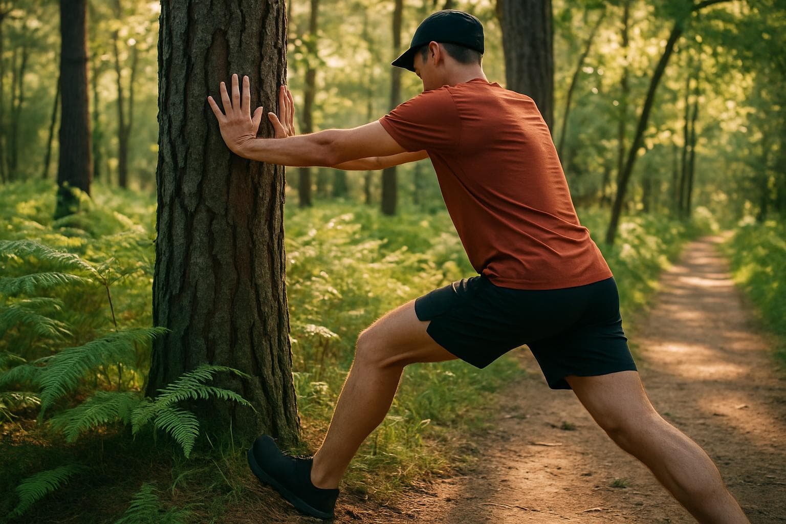 Un coureur arrêté qui étire son mollet contre un pin, sur un sentier de sous-bois