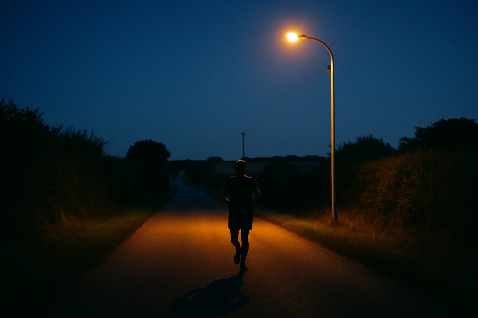 Un coureur seul sur une route de campagne à la nuit tombée, sous un lampadaire