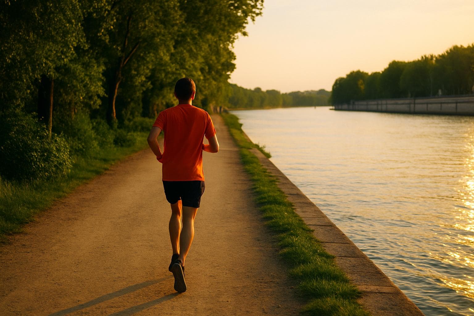 Un coureur sur un chemin au bord d'un fleuve, en fin de journée