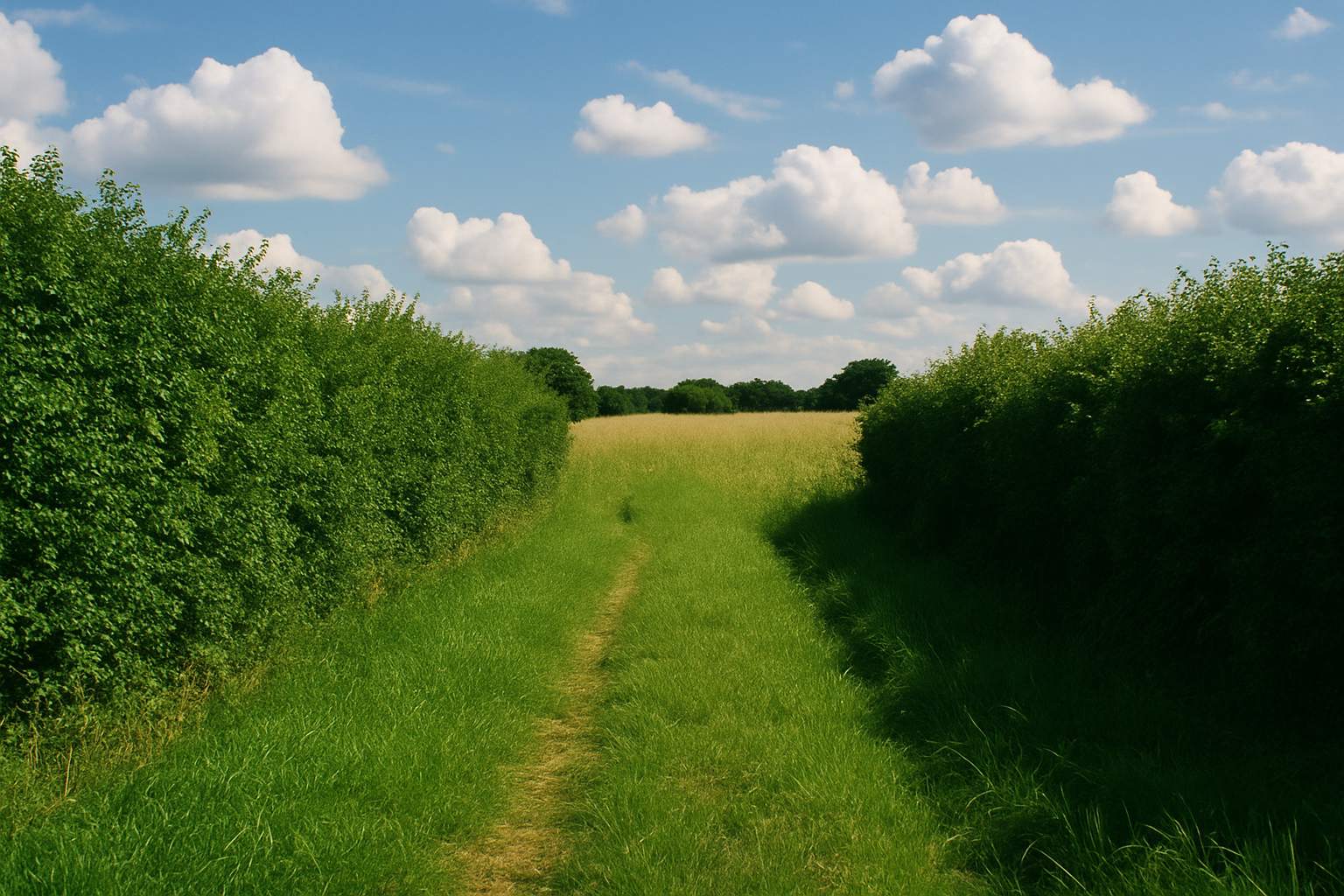 Un chemin herbeux entre deux haies, qui s'efface peu à peu dans les hautes herbes