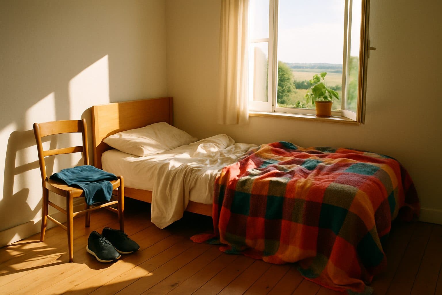 Une chambre claire au petit matin, un lit défait et une tenue de course restée sur une chaise
