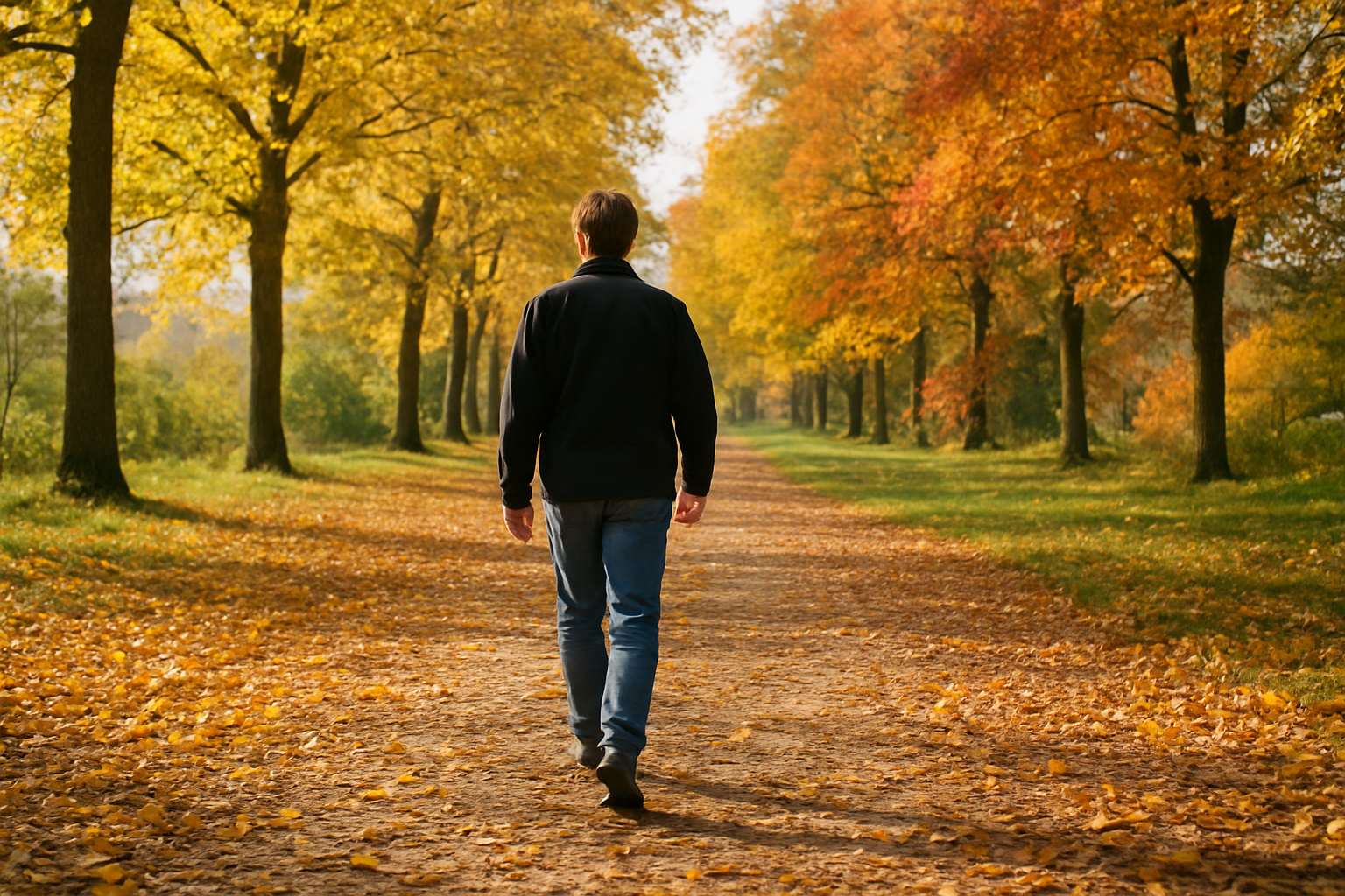 Une personne qui marche sur une allée de parc couverte de feuilles d'automne