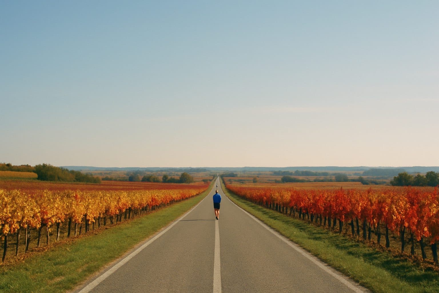 Une route rectiligne entre des vignes aux couleurs d'automne, un coureur minuscule au loin