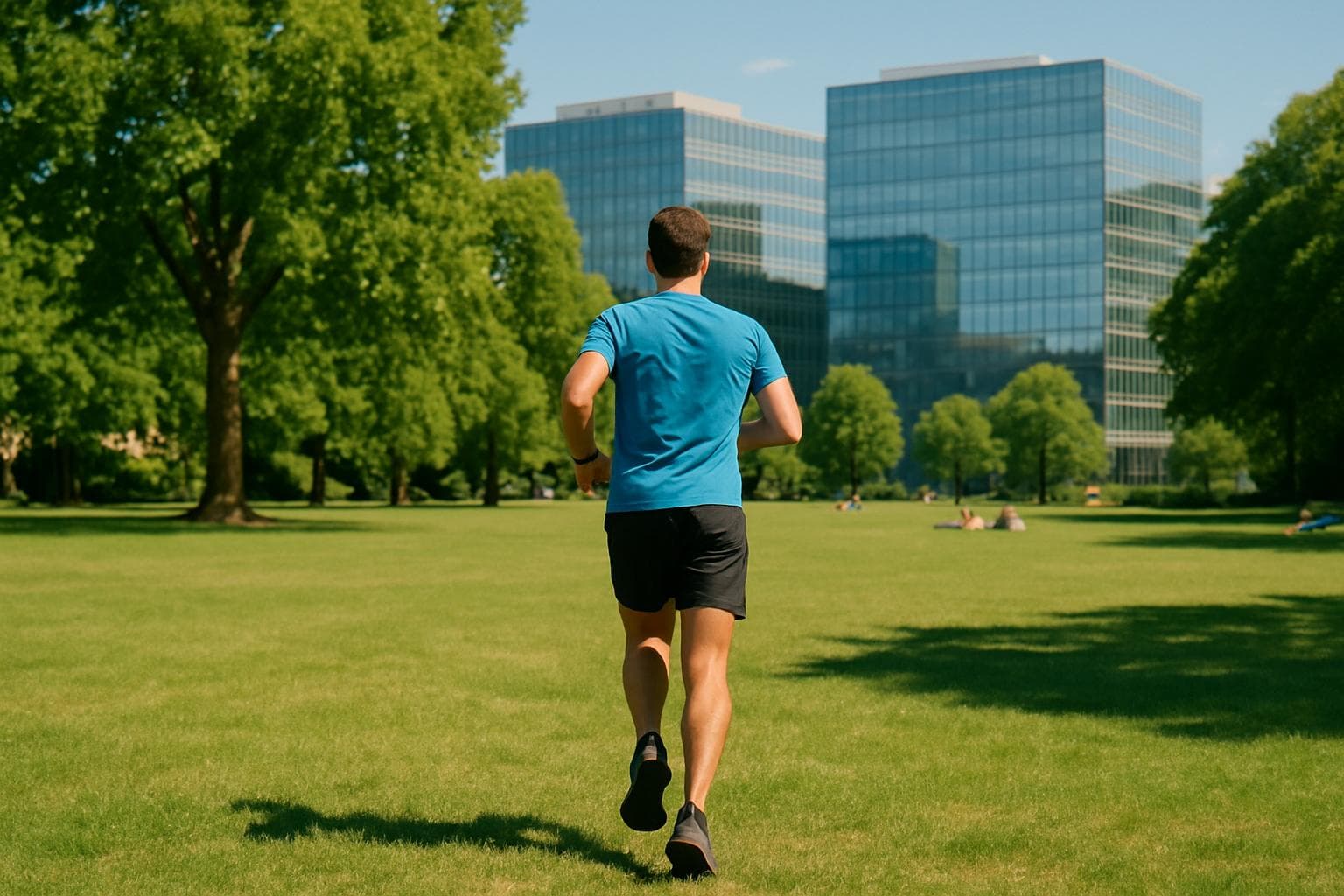 Un coureur de dos traverse la pelouse d'un parc urbain, des tours de bureaux vitrées derrière lui