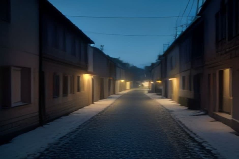 Une rue de village déserte avant le lever du jour, réverbères allumés et neige sur les bas-côtés