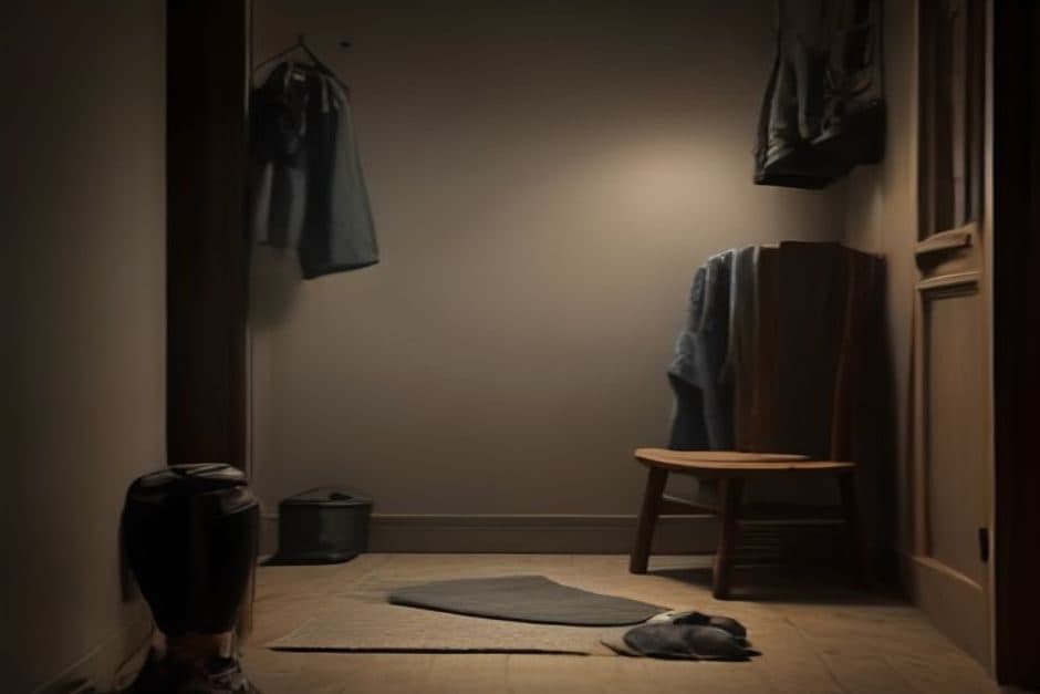 Des affaires de course posées sur une chaise près d'une porte d'entrée, dans un couloir sombre