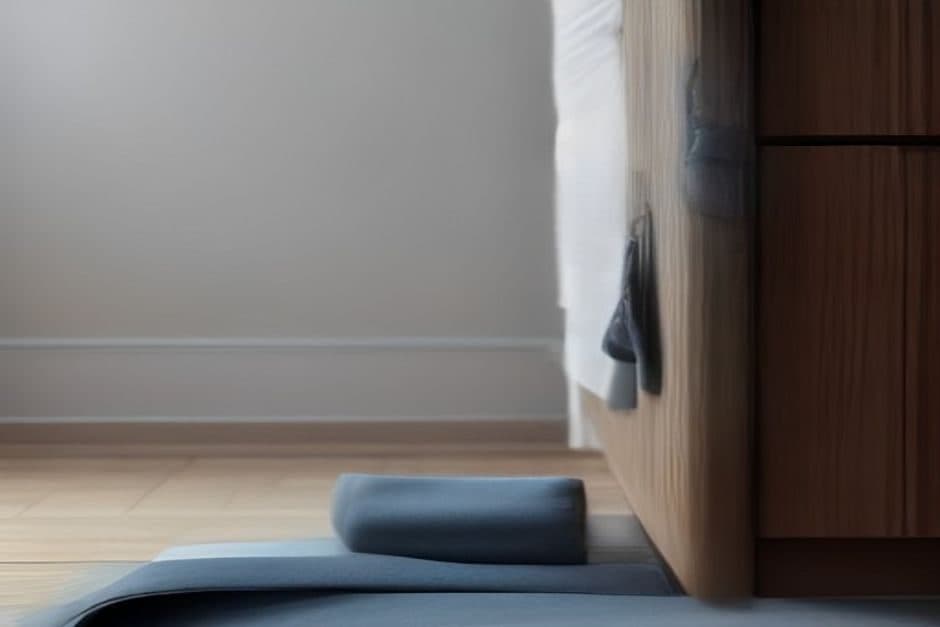 Un tapis de sol gris à moitié déroulé sur un parquet, au pied d'un meuble en bois