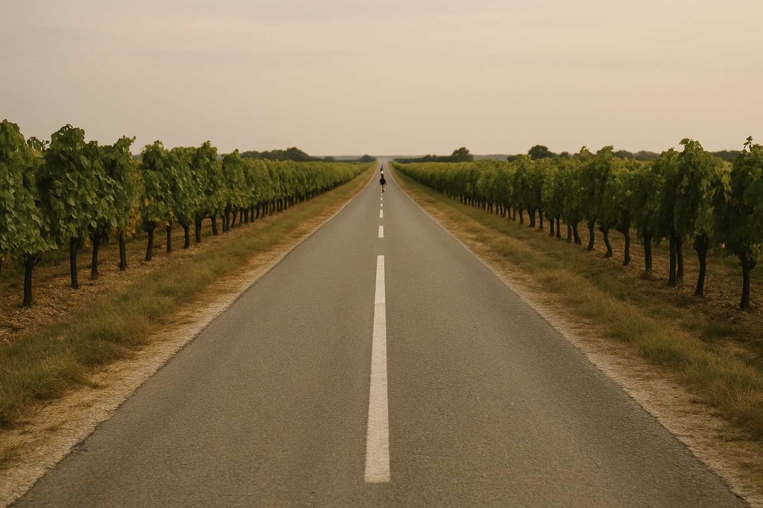 Une route de campagne rectiligne au marquage blanc, traversant les vignes