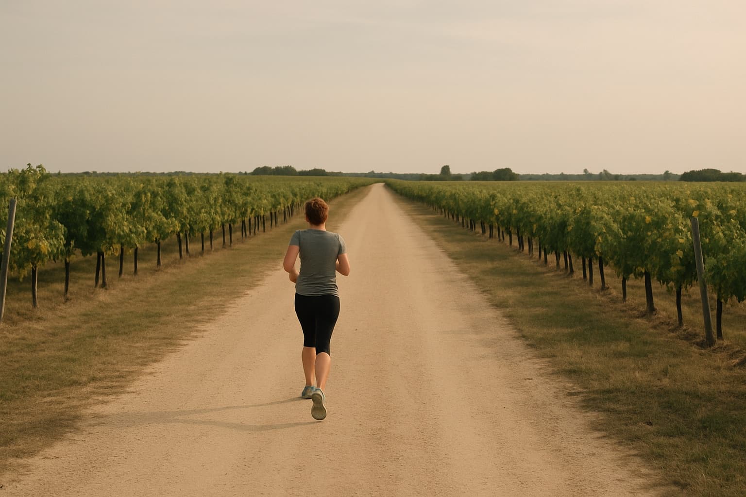 Un chemin de terre plat bordé de vignes, une personne seule qui court au loin