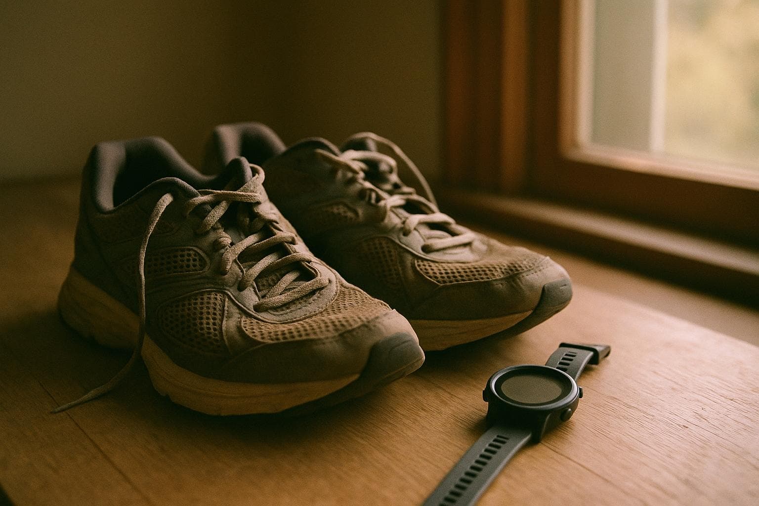 Une paire de chaussures de course usées et une montre GPS posées sur une table en bois, près d'une fenêtre